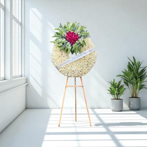 Corona fúnebre elegante con rosas blancas y rosas fucsia sobre caballete de madera, ideal para expresar condolencias con distinción.