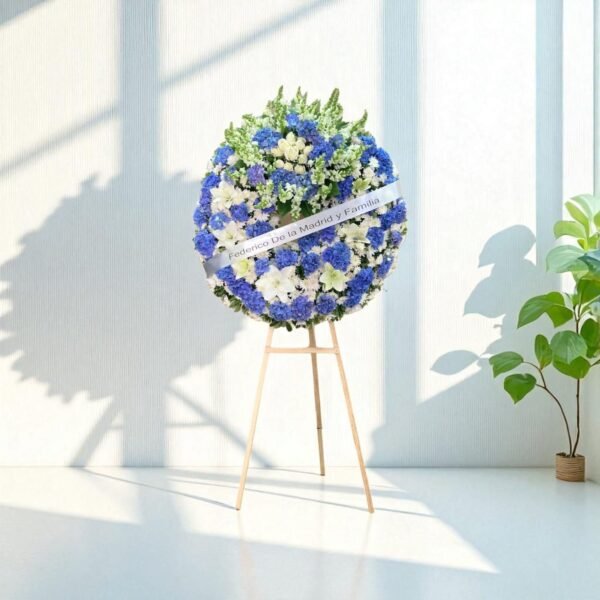 Corona fúnebre con flores azules y blancas sobre caballete de madera, ideal para expresar condolencias con elegancia y respeto.