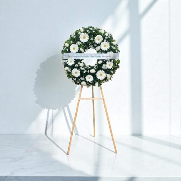 Corona fúnebre chica con flores blancas sobre caballete de madera, ideal para expresar condolencias con sencillez.